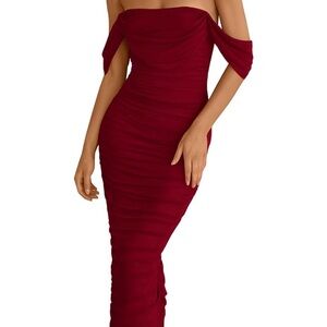 LIKE NEW Wine red ruched off-shoulder long dress